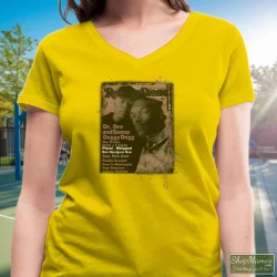 Snoop Doggy Dogg Dr Dre Rolling Stones Cover Collection 90s Shirt 3 Women's Snoop Doggy Dogg Dr Dre Rolling Stones Cover Collection 90s V Neck In Yellow, Front View On Dark Wood Background