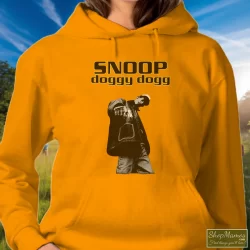 Snoop Doggy Dogg Shirt 2 Women's Snoop Doggy Dogg Hoodie In Orange, Front View On Dark Wood Background