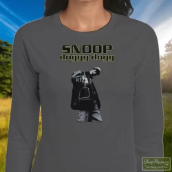 Snoop Doggy Dogg Shirt 11 Women's Snoop Doggy Dogg Long Sleeve In Charcoal, Front View On Dark Wood Background