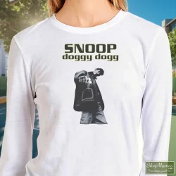 Snoop Doggy Dogg Shirt 8 Women's Snoop Doggy Dogg Sweatshirt In White, Front View On Dark Wood Background