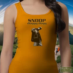 Snoop Doggy Dogg Shirt 1 Women's Snoop Doggy Dogg Tank Top In Orange, Front View On Dark Wood Background
