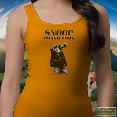 Women's Snoop Doggy Dogg Tank Top In Orange, Front View On Dark Wood Background