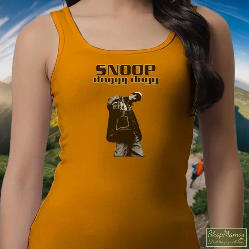 Snoop Doggy Dogg Women’s Tank Top – Orange Front View On Dark Wood Background Women's Snoop Doggy Dogg Tank Top In Orange, Front View On Dark Wood Background