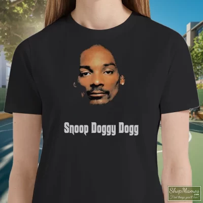 Women's Snoop Doggy Dogg Tha Doggfather 1996 Death Row Records T Shirt In Black, Front View On Light Wood Background