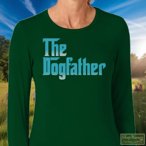 Snoop Doggy Dogg The Dogfather Promo Album Godfather Women’s Long Sleeve – Forest Green Front View On Light Wood Background Women's Snoop Doggy Dogg The Dogfather Promo Album Godfather Long Sleeve In Forest Green, Front View On Light Wood Background