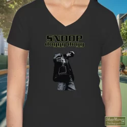 Snoop Doggy Dogg Shirt 9 Women's Snoop Doggy Dogg V Neck In Black, Front View On Light Wood Background