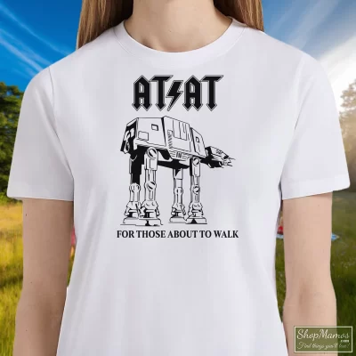 Women's Star Wars At - At For Those About To Walk Music Acdc Inspired T Shirt In White, Front View On Dark Wood Background