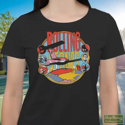 Women's Stones Around The World Teethe Rolling Stones T Shirt In Black, Front View On Light Wood Background