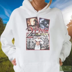 Tupac Shakur 2pac 1971-1996 Shirt 6 Women's Tupac Shakur 2pac 1971 - 1996 Hoodie In White, Front View On Dark Wood Background