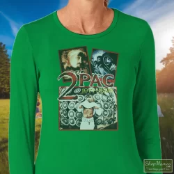Tupac Shakur 2pac 1971-1996 Shirt 2 Women's Tupac Shakur 2pac 1971 - 1996 Long Sleeve In Irish Green, Front View On Light Wood Background