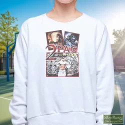 Tupac Shakur 2pac 1971-1996 Shirt 3 Women's Tupac Shakur 2pac 1971 - 1996 Sweatshirt In White, Front View On Dark Wood Background