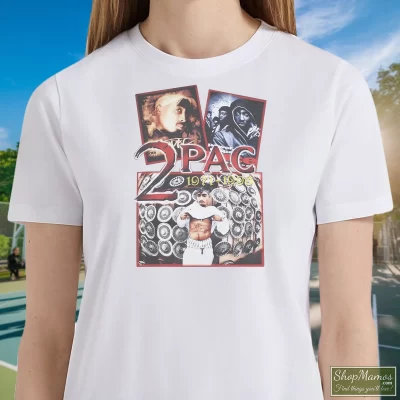 Women's Tupac Shakur 2pac 1971 - 1996 T Shirt In White, Front View On Dark Wood Background