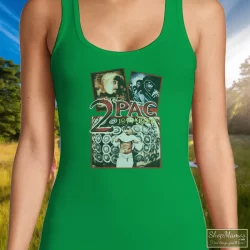 Tupac Shakur 2pac 1971-1996 Shirt 9 Women's Tupac Shakur 2pac 1971 - 1996 Tank Top In Irish Green, Front View On Light Wood Background