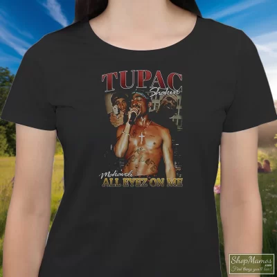 Women's Tupac Shakur 2Pac All Eyez On Me T Shirt In Black, Front View On Light Wood Background