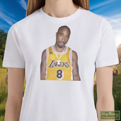 Women's Tupac Shakur 2pac Lakers Los Angeles Nba 90s Rap T Shirt In White, Front View On Dark Wood Background