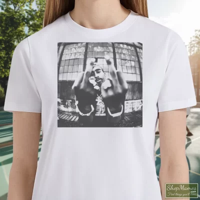 Women's Tupac Shakur 2pac Middle Finger Photo T Shirt In White, Front View On Dark Wood Background