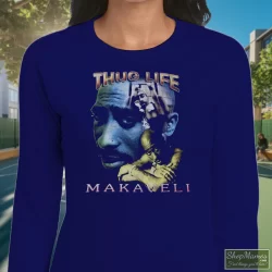 Tupac Shakur 2pac Thug Life One Year In Memory Memorial Shirt 5 Women's Tupac Shakur 2pac Thug Life One Year In Memory Memorial Long Sleeve In Navy, Front View On Light Wood Background