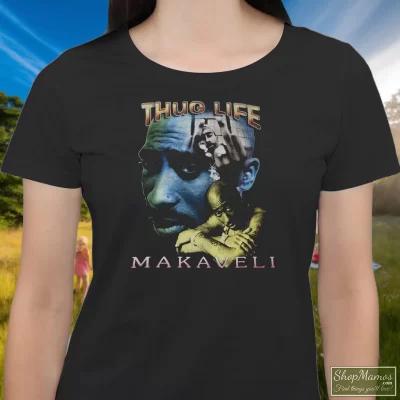 Women's Tupac Shakur 2pac Thug Life One Year In Memory Memorial T Shirt In Black, Front View On Light Wood Background