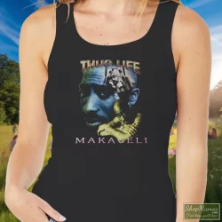 Tupac Shakur 2pac Thug Life One Year In Memory Memorial Shirt 3 Women's Tupac Shakur 2pac Thug Life One Year In Memory Memorial Tank Top In Black, Front View On Light Wood Background