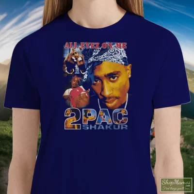 Women's Tupac Shakur All Eyez On Me Memorial Bootleg T Shirt In Navy, Front View On Light Wood Background