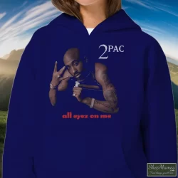 Tupac Shakur All Eyez On Me Navy Shirt 2 Women's Tupac Shakur All Eyez On Me Navy Hoodie In Navy, Front View On Light Wood Background