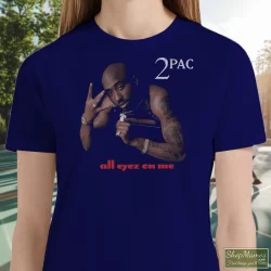 Women's Tupac Shakur All Eyez On Me Navy T Shirt In Navy, Front View On Light Wood Background