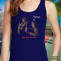 Tupac Shakur All Eyez On Me Navy Shirt 8 Women's Tupac Shakur All Eyez On Me Navy Tank Top In Navy, Front View On Light Wood Background