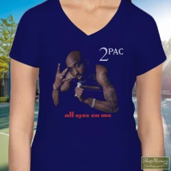 Tupac Shakur All Eyez On Me Navy Shirt 5 Women's Tupac Shakur All Eyez On Me Navy V Neck In Navy, Front View On Light Wood Background
