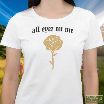 Women's Tupac Shakur All Eyez On Me New Era T Shirt In White, Front View On Dark Wood Background
