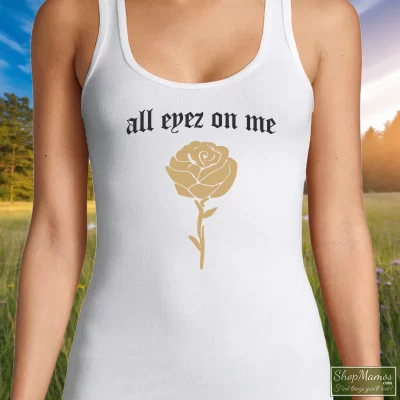 Women's Tupac Shakur All Eyez On Me New Era Tank Top In White, Front View On Dark Wood Background