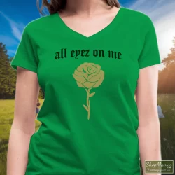 Tupac Shakur All Eyez On Me New Era Shirt 7 Women's Tupac Shakur All Eyez On Me New Era V Neck In Irish Green, Front View On Light Wood Background