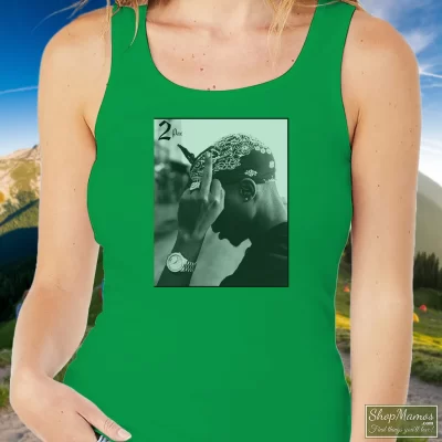 Women's Tupac Shakur Black Middle Finger Tank Top In Irish Green, Front View On Light Wood Background