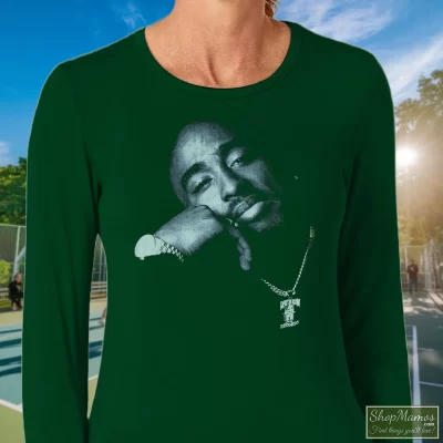 Women's Tupac Shakur Death Row Records 2pac Hip Hop Dre Snoop 1990s Long Sleeve In Forest Green, Front View On Light Wood Background