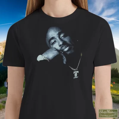 Women's Tupac Shakur Death Row Records 2pac Hip Hop Dre Snoop 1990s T Shirt In Black, Front View On Light Wood Background