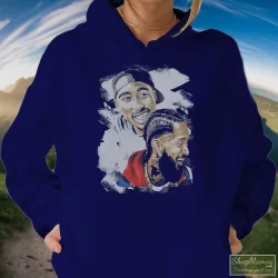 Tupac Shakur Nipsey Husle Graphic Shirt 3 Women's Tupac Shakur Nipsey Husle Graphic Hoodie In Navy, Front View On Light Wood Background
