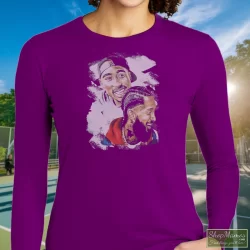 Tupac Shakur Nipsey Husle Graphic Shirt 7 Women's Tupac Shakur Nipsey Husle Graphic Long Sleeve In Purple, Front View On Light Wood Background