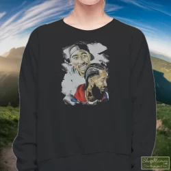 Tupac Shakur Nipsey Husle Graphic Shirt 6 Women's Tupac Shakur Nipsey Husle Graphic Sweatshirt In Black, Front View On Light Wood Background