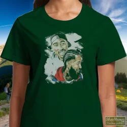 Tupac Shakur Nipsey Husle Graphic Shirt 8 Women's Tupac Shakur Nipsey Husle Graphic T Shirt In Forest Green, Front View On Light Wood Background