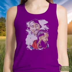 Tupac Shakur Nipsey Husle Graphic Shirt 10 Women's Tupac Shakur Nipsey Husle Graphic Tank Top In Purple, Front View On Light Wood Background