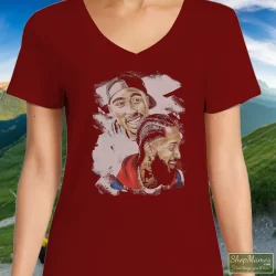 Tupac Shakur Nipsey Husle Graphic Shirt 4 Women's Tupac Shakur Nipsey Husle Graphic V Neck In Maroon, Front View On Light Wood Background