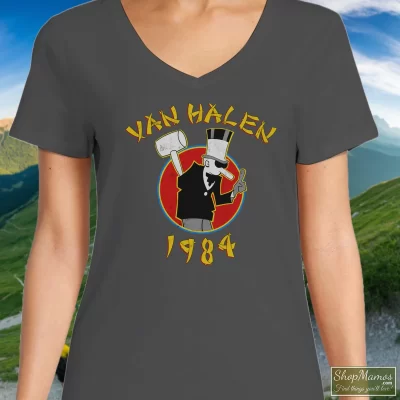 Women's Van Halen 1984 Hammer Guy V Neck In Charcoal, Front View On Dark Wood Background