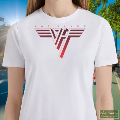 Women's Van Halen Classic Red Logo T Shirt In White, Front View On Dark Wood Background