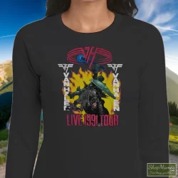 Van Halen Live 1991 Tour Super Shirt 1 Women's Van Halen Live 1991 Tour Super Long Sleeve In Black, Front View On Light Wood Background