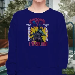 Van Halen Live 1991 Tour Super Shirt 4 Women's Van Halen Live 1991 Tour Super Sweatshirt In Navy, Front View On Light Wood Background