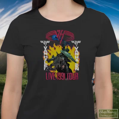 Women's Van Halen Live 1991 Tour Super T Shirt In Black, Front View On Light Wood Background