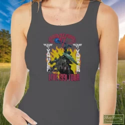 Van Halen Live 1991 Tour Super Shirt 5 Women's Van Halen Live 1991 Tour Super Tank Top In Charcoal, Front View On Dark Wood Background