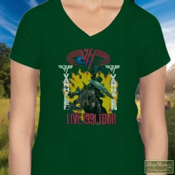 Van Halen Live 1991 Tour Super Shirt 3 Women's Van Halen Live 1991 Tour Super V Neck In Forest Green, Front View On Light Wood Background