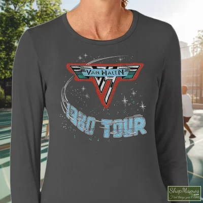 Women's Van Halen Of Rock 1980 Tour Dates Long Sleeve In Charcoal, Front View On Dark Wood Background