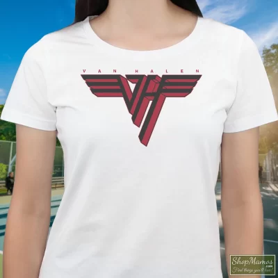 Women's Van Halen Red Logo T Shirt In White, Front View On Dark Wood Background