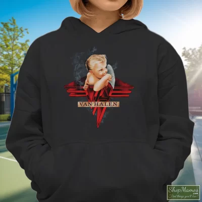 Women's Van Halen Smoking Hoodie In Black, Front View On Light Wood Background